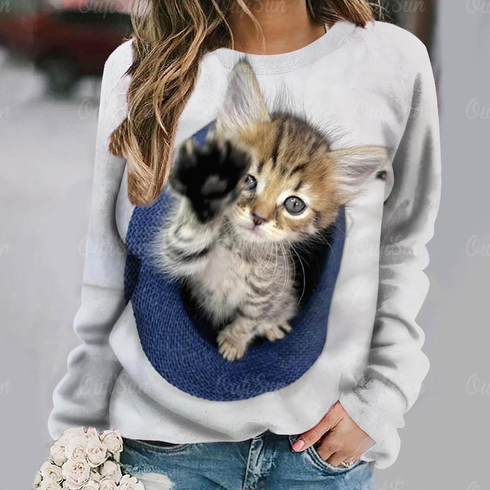 Autumn/Winter Cotton Women's T-shirts Cute Cat Print Casual Long Sleeves Tees Pullover Fashion Loose Daily Women Clothing Tops