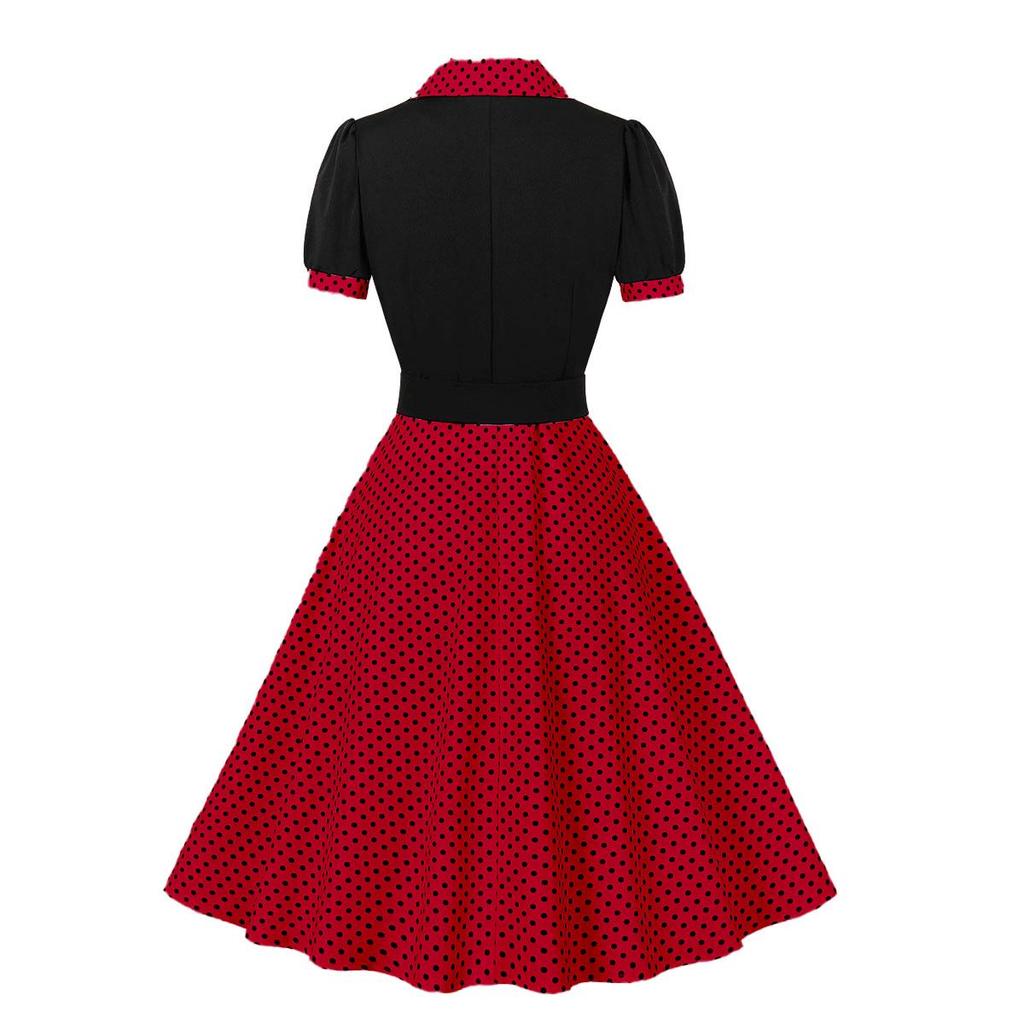 Women's Polka Dot Swing Dresses Lapel Buttons High Waist Belt Slim Fit Short Sleeves Summer Dress Office Work Casual Wear Vintage Outfit