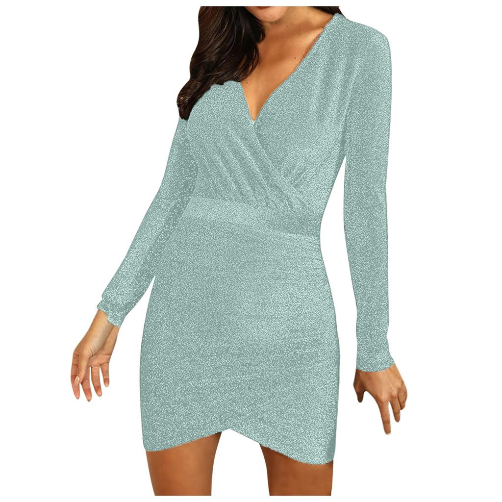 Women's Solid Color Long-sleeved Cross V-neck Sexy Bag Hip Slim Shiny Evening Dress Knee-length Dress
