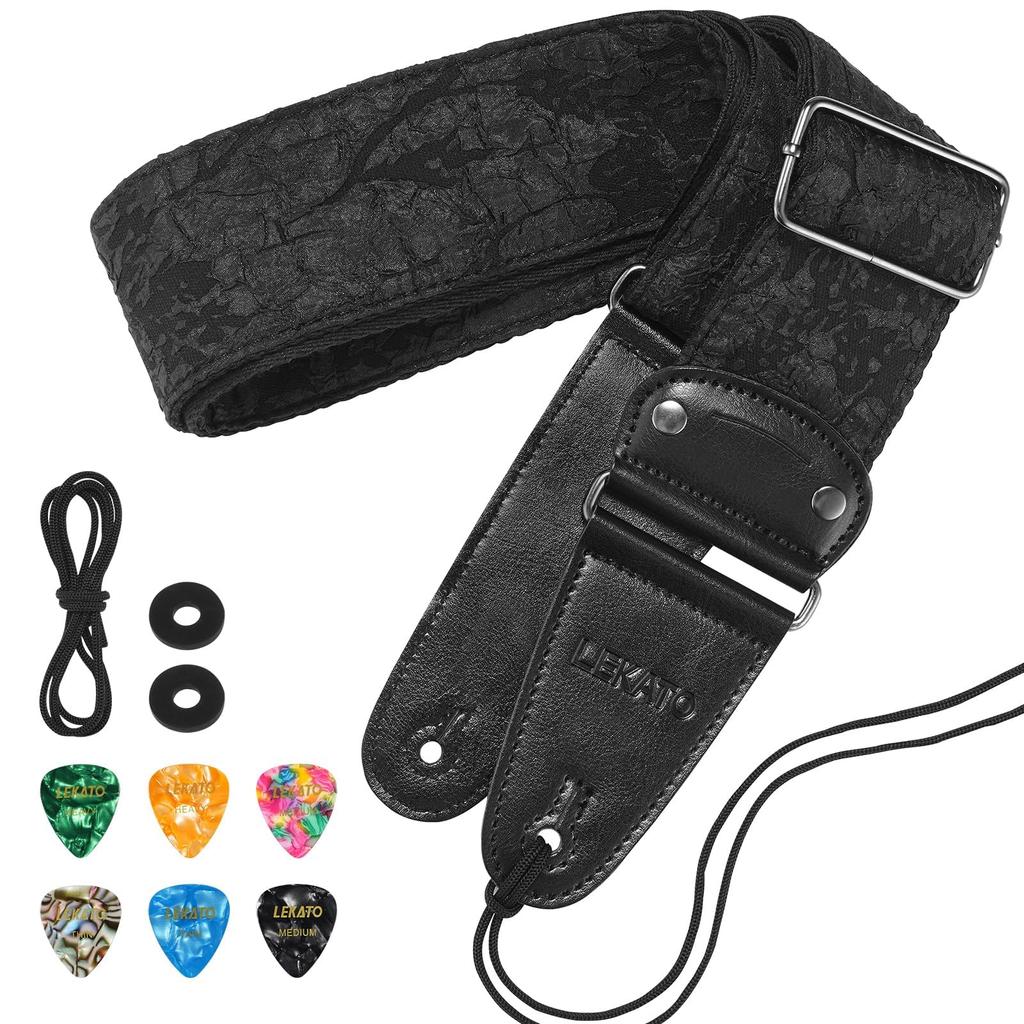 Guitar Strap Anaglyph Embossed Floral Guitar Strap for Electric Bass Acoustic Guitar Wide Bass Strap Pick Lock Cable Fixation Black Padded Guitar