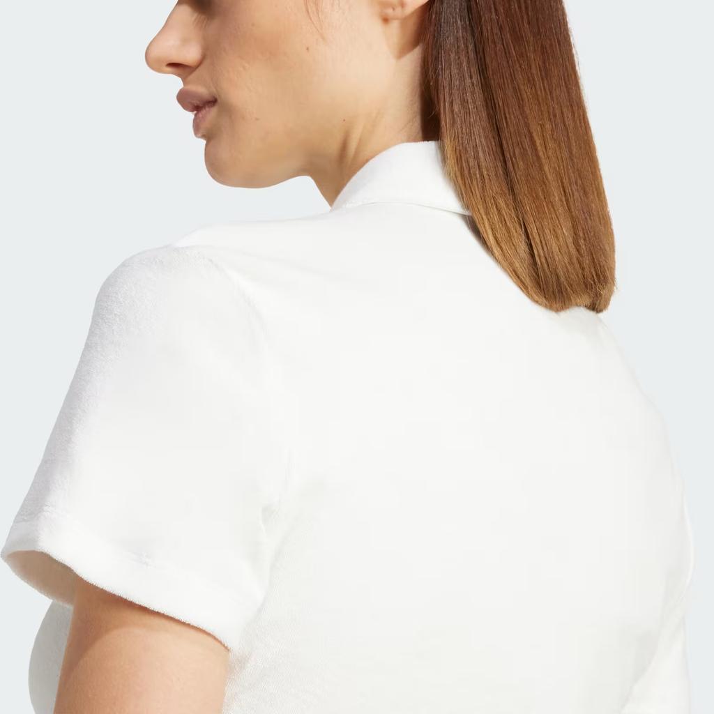 Adidas Originals Striped Towel Button-Up Tee Vintage Fashion Slim Soft Short Sleeve T-Shirt Women Tops Cloud-White JC5334