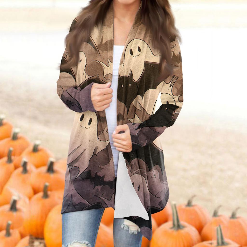 Women's Fashion Casual Halloween Printed Mid-Length Irregular Hem Cardigan Jacket