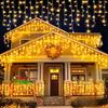 Warm White Christmas Lights Outdoor, LED Icicle Lights for Outside House with Connectable Clear Wire 8 Modes Timer, Plug In Waterproof