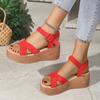 Fashion Summer Fashion Thick Sole Wedge Women Solid Color Sexy Cross Round Toe Buckle Comfortable Large Size Sandals