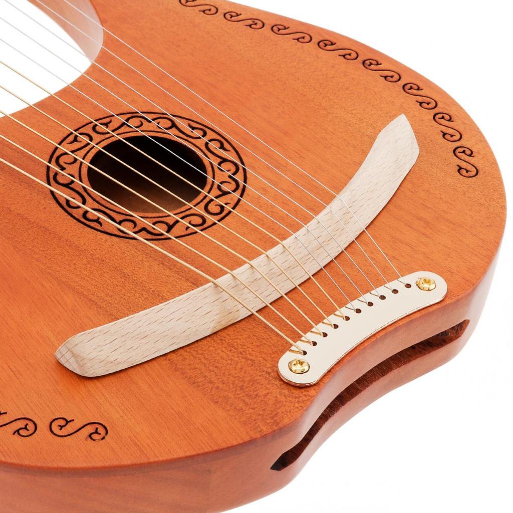 10 Strings Lyre Harp Solid Mahogany Wood Carving Reindeer with Tuning Hammer String Instrument