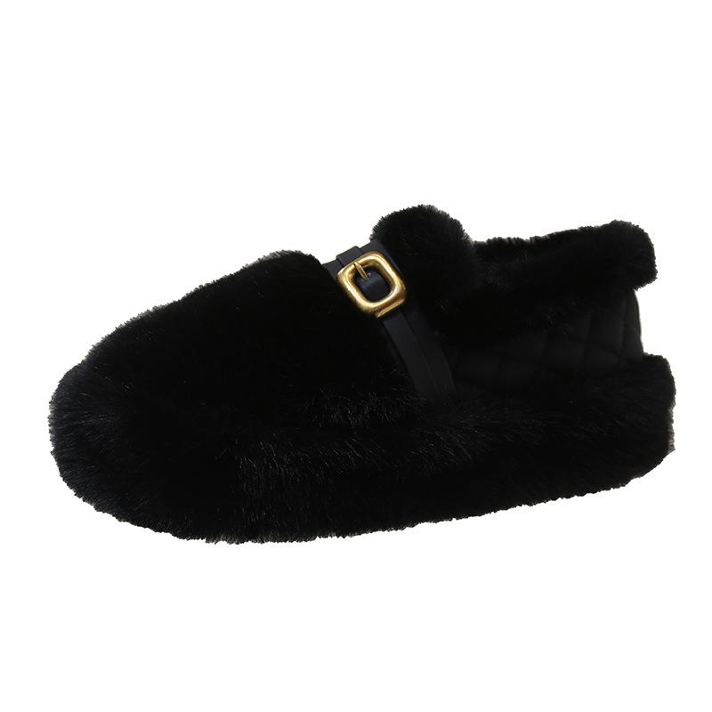 Retro Thick-soled Inner Height-increasing Girls' Fluffy Shoes, Autumn and Winter Outer Wear, Velvet Single Shoes, Warm Snow Cotton Shoes, Doudou Shoes