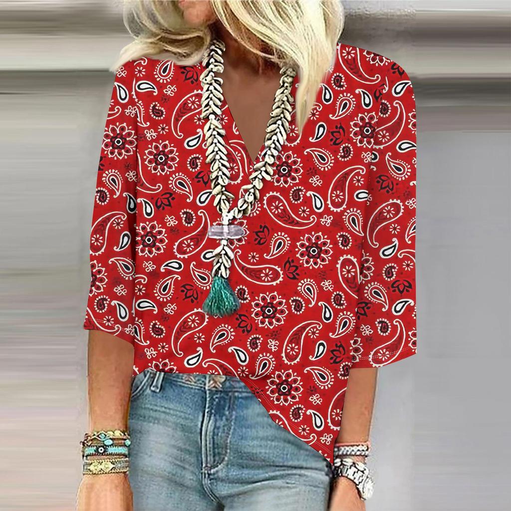 Women's Shirt Blouse Casual Loose Shirts  3/4 Sleeve  Print  V Neck Tops Print  Tops T-shirts Tee