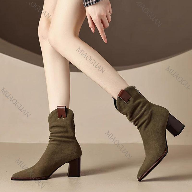 Fashion Autumn New Pleated Stacked Ankle Boots Pointed Toe Thick High Heels Suede V-Mouth Fashion Women's Shoe Solid Chelsea Short Botas