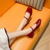 Fashion Red Little Leather Shoes for Women 2025 Spring Autumn Shallow Mouth Square Head Pumps Low Heel One Word Straw Mary Jane Shoes