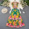 New 2024 Summer Gorgeous Flower Print Chiffon Holiday Long Dress Boho Women's Sexy Deep V Neck Sleeveless Ruffles Buttons Robe