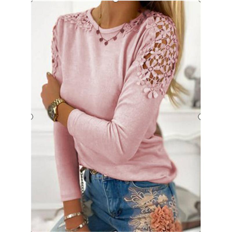 FASHION Women Fashion Pure Color Slim Lace Hollow Long Sleeve T-Shirt Soft and Comfortable Thin Loose Casual Tops