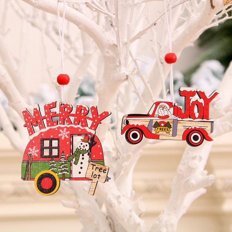 Christmas Painted Wooden Pendant Christmas Decorations Christmas Tree Colorful Old Man Car Pattern Pendant