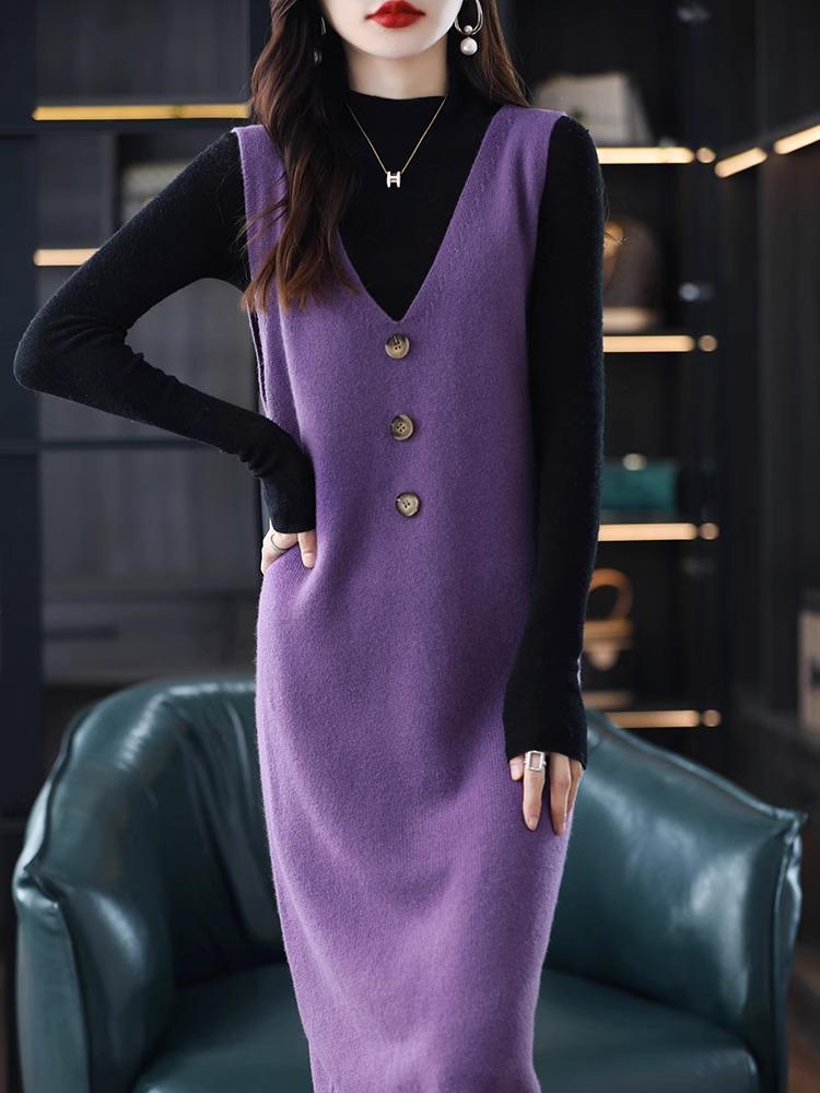 Women's Sleeveless Mid-Length Knitted Vest Dress for Spring and Autumn 2024
