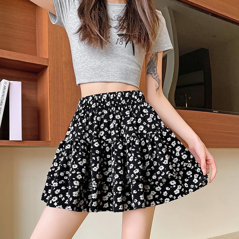 Black Floral Short Skirt for Women In Summer Large Size Slightly Fat and Versatile High Waist A-line Slim Skirt Ballet Style Cake Skirt