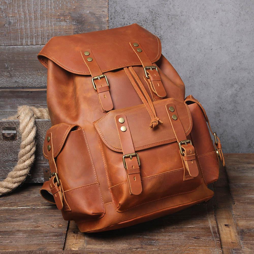 Retro Men's Large Capacity Genuine Leather Cowhide Backpack - Crazy Horse Travel & Motorcycle Bag