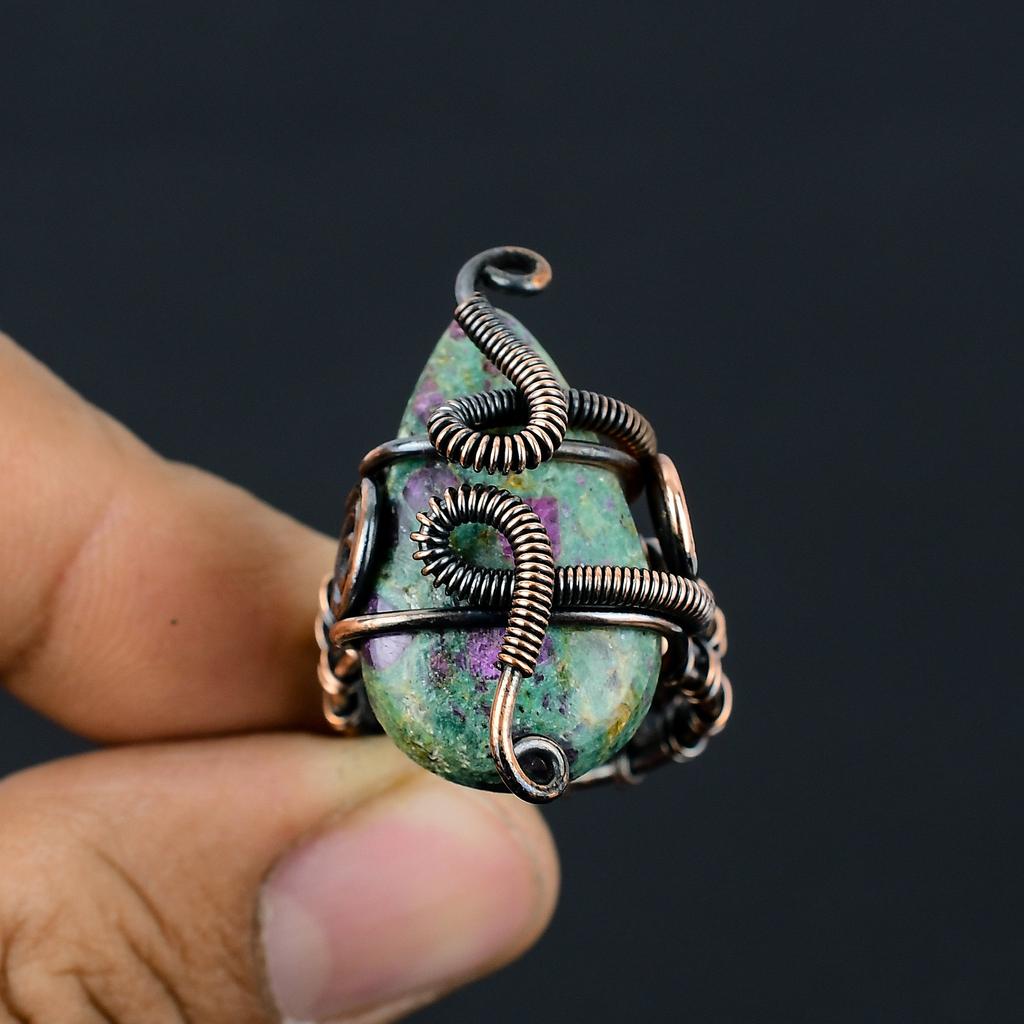 Ruby In Fuchsite Gemstone Handmade Copper Wire Wrap Jewelry Ring Size 8 H9h93