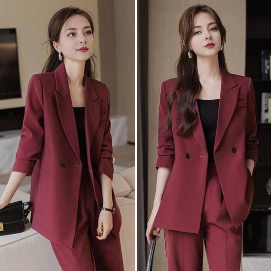 3 Pcs/Set Lady Formal Suit Coat Pants Set Turn-down Collar Button Decor Long Sleeves Jacket Loose Pure Color Trousers Casual Commuting Business Outfit