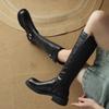 Retro Women's Boots Slim Soft Leather Straight Boots 2025 Autumn and Winter Round Head Middle Heel Belt Buckle But Knee Side Zipper Knight