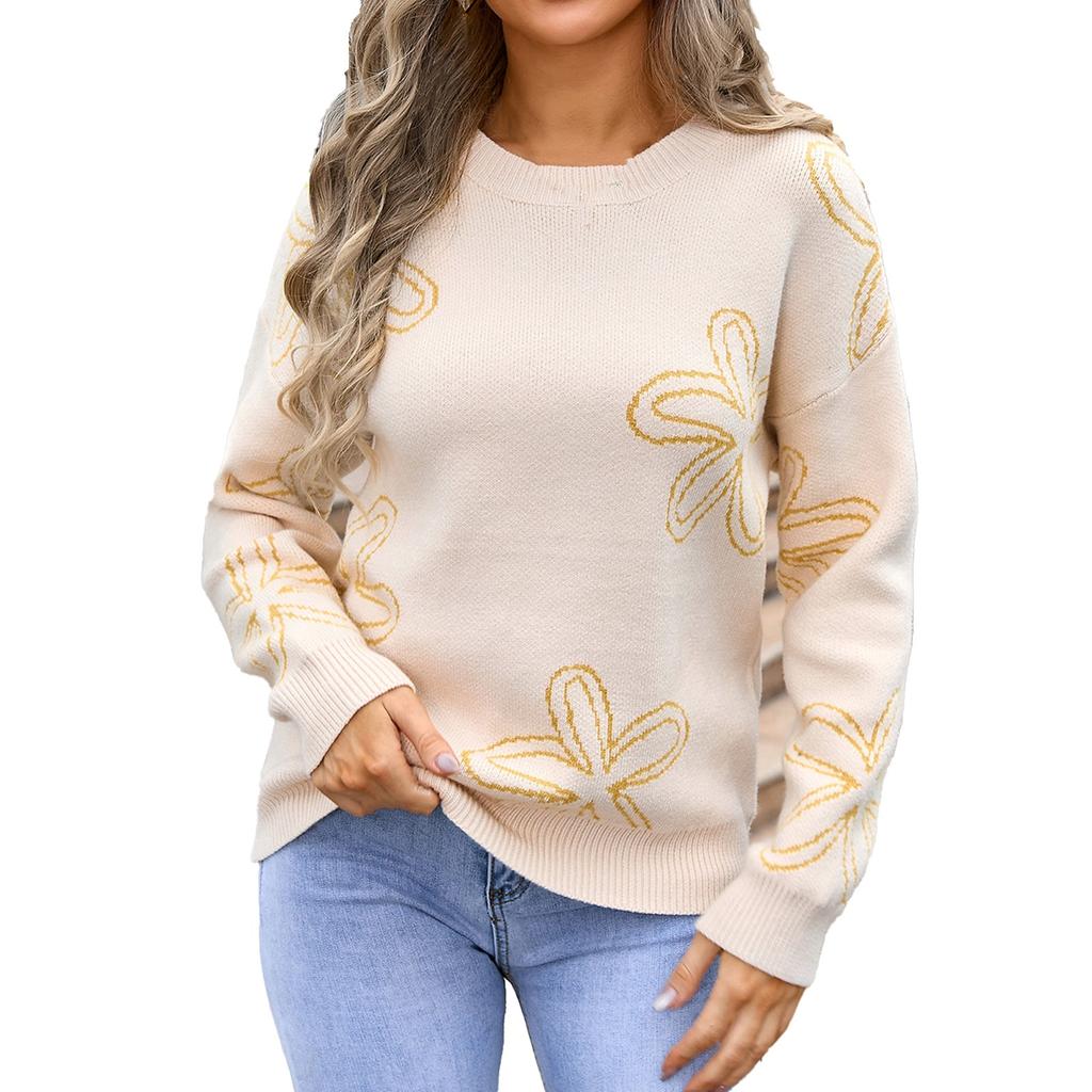 Women's Casual Fashion Comfortable Round Neck Pullover Contrast Color Flower Long Sleeve Street Trend Knitted Sweater