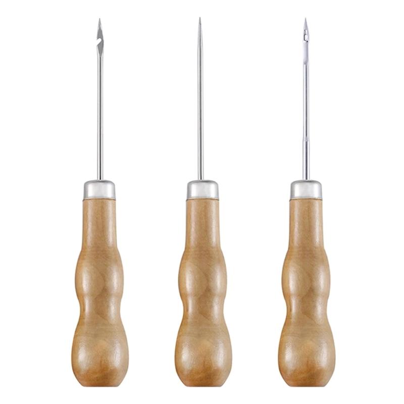 3PCS/SET Wooden Handle Shoes Repairing Awl Leather Shoe Sewing Cobbler Tool DIY Craft Repair Hand Stitcher Straight Curved Hook