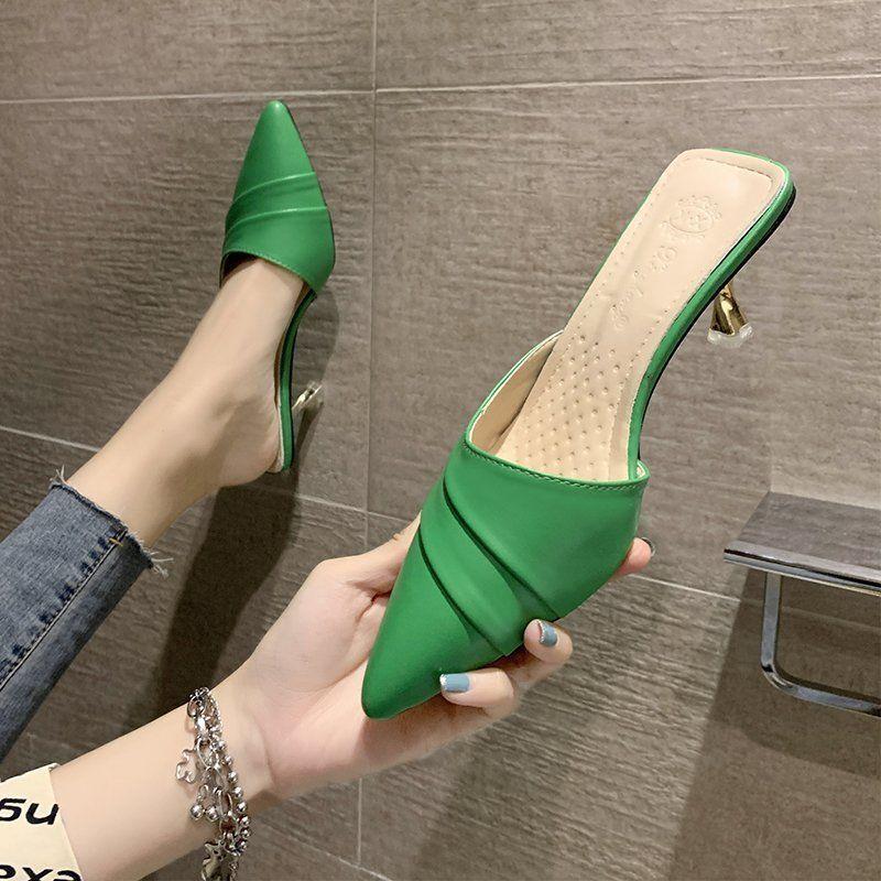 Women's Slippers and Ladies Sandals Pointed Toe Slides Outside Summer 2024 Heeled Green Shoes Mules Rubber H Sandal Korea Style