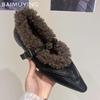 Fur Pointed Toe Women Shoes Flats Shallow Leather Shoes Woman 2025 Trend Winter Fashion Designer Walking Casual Zapatos Mujer
