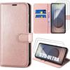 Protective Case - BOOLING - for Samsung Galaxy S25 Ultra - Pink Synthetic Leather - 2 Tempered Glass - Shockproof