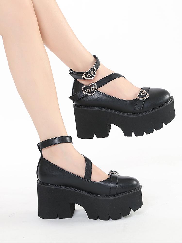 Gdgydh Женские туфли Мэри Джейн на платформе на массивном каблуке с весенней крестообразной повязкой Kawaii Cospaly с пряжкой в ​​форме сердца