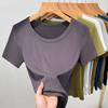 Threaded Short-sleeved T-shirt for Women's New Women's Solid Color Inner Bottoming Shirt Fashionable Big Round Neck Waist Top