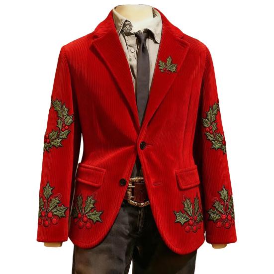 Men Corduroy Suit Coat Single-Breasted Suit Jacket Lapel Long Sleeve 3D Christmas Themed Print Slim Fit Suit Jacket Formal Stage Wear