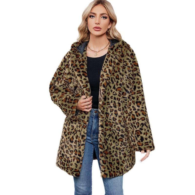 00 Leopard Print Fur Imitation Fur Hooded Autumn and Winter Loose Women's Coat Coat
