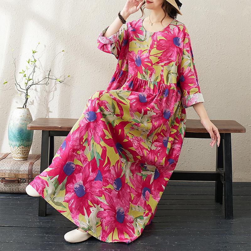 Round Neck Long Sleeve Bohemian Clothing Retro Autumn Cotton Linen Dresses Vintage Casual Floral Printed Long Dress for Women
