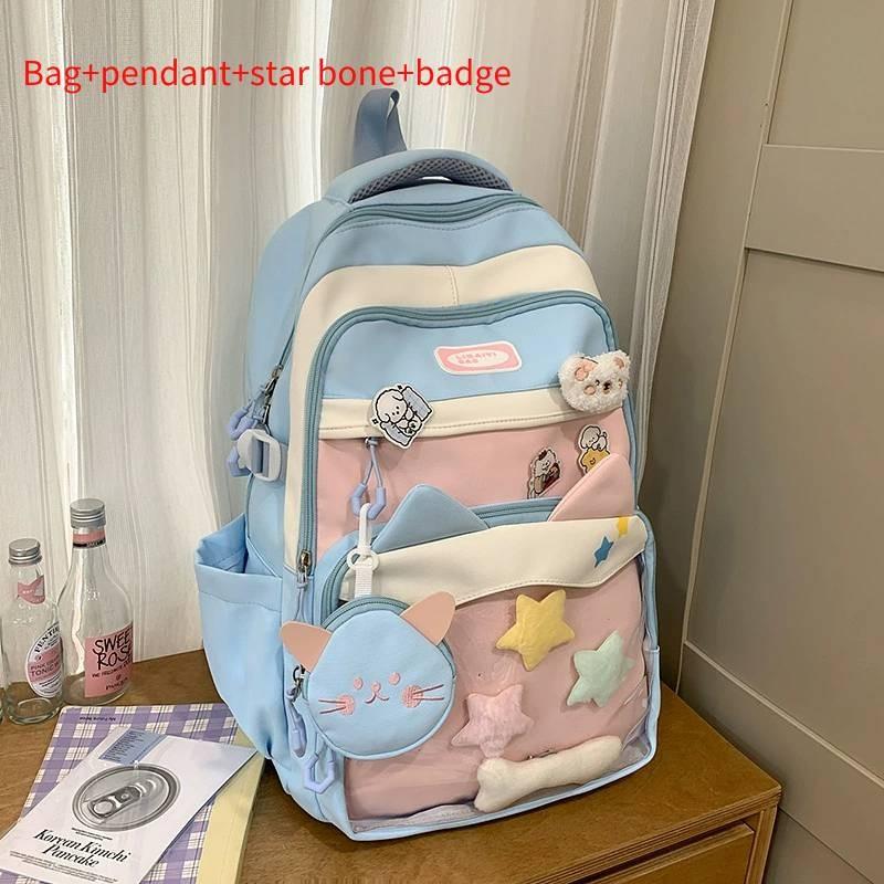 Blocked Color Fashion Cat Ear Design Student Backpack With Pendant Badge And