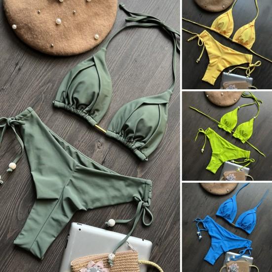 2Pcs/Set Sexy Women Bikini Set Solid Color Halter Bra High Waist Lace-up Briefs Set Push Up Swimsuit Quick Drying Beach Wear