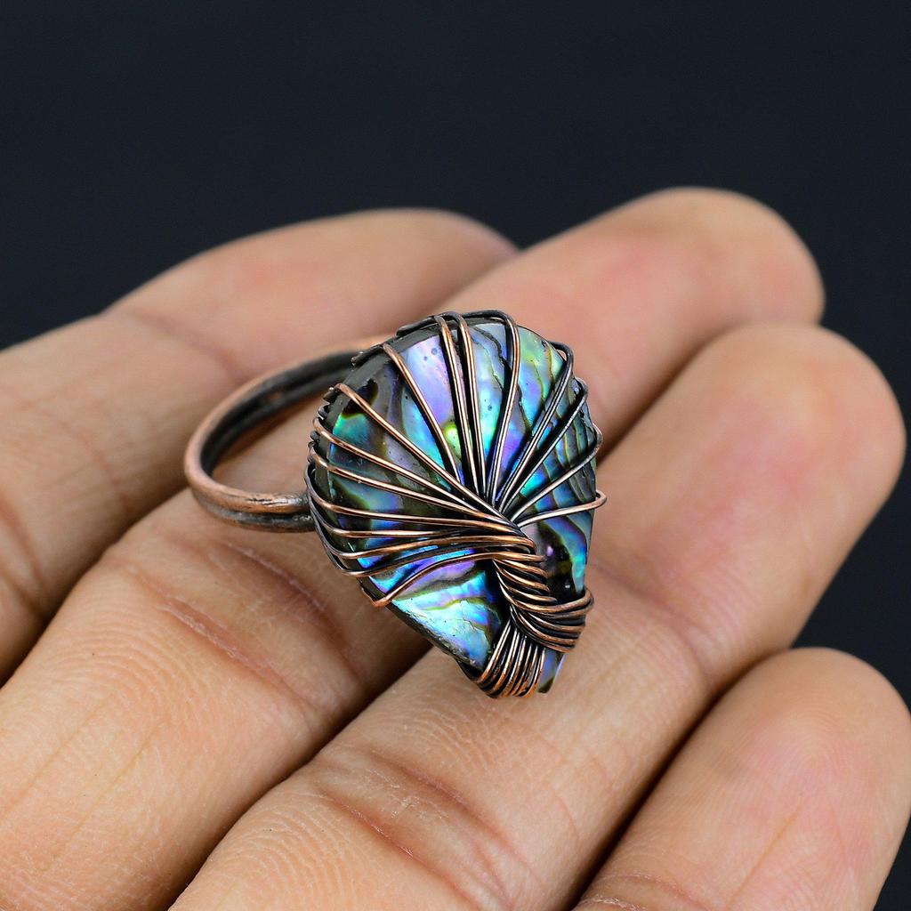 Tree Of Life Abalone Shell Gemstone Copper Wire Wrapped Handmade Jewelry Ring For Gift