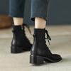 Fashion 2025 New Cross-Tied Women Short Boots Autumn Winter Genuine Leather Office Lady Square Toe Side Zipper Shoes Woman Ankle Boots