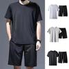 2Pcs/Set Men Casual Outfit O-neck Short Sleeve T-shirt Elastic Waist Wide Leg Shorts Set Solid Color Ice Silk Loose Fit Sportswear