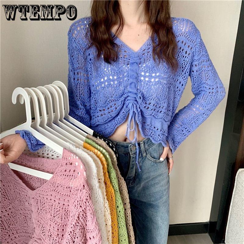 Girl's Hollow Out Solid V-Neck Knitwear Spring Long Sleeve Loose Thin Casual Knitted Tops Drawstring Sunscreen Pullovers
