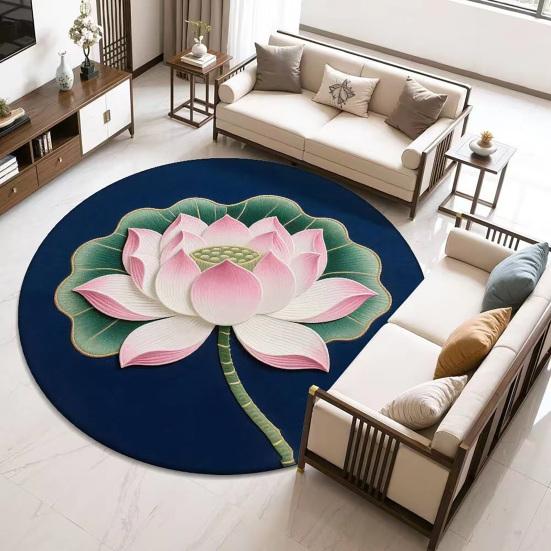 Yousheng Lotus Flower Floor Mat Round Living Room Rug Lotus Pattern Carpet with Non-Slip Backing for Home Office Bedroom Kitchen