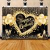 Of Elegant Happy Birthday Anniversary Banner, Hard-wearing Polyester, Gold & Black Theme with Balloons, Stars, Champagne Motif, Perfect for Party,