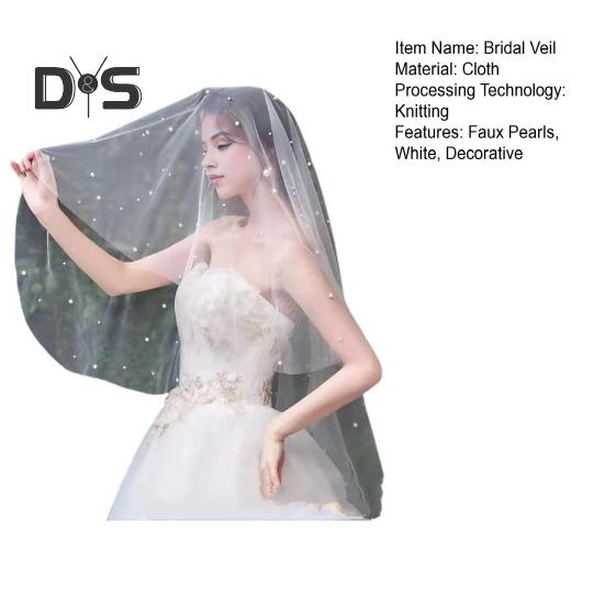 Bridal Veil with Faux Pearl Embellishment White Mesh Single Layer Wedding Veil Bridal Headpiece Hair Accessories