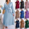 Ladies Solid Color High-waisted Long-sleeve Belted V-neck Large Swing Pleated Long Dress