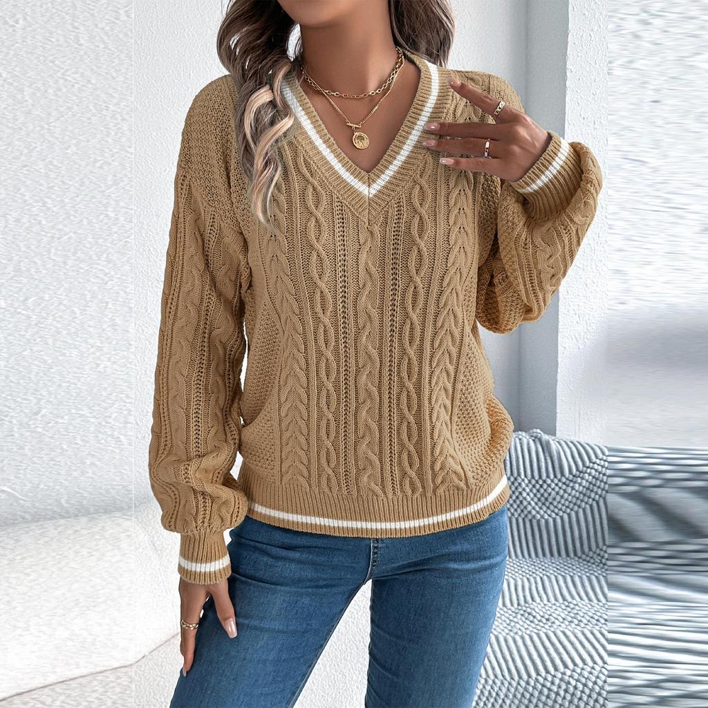 Women's Color-blocking V-neck Long-sleeved Sweater