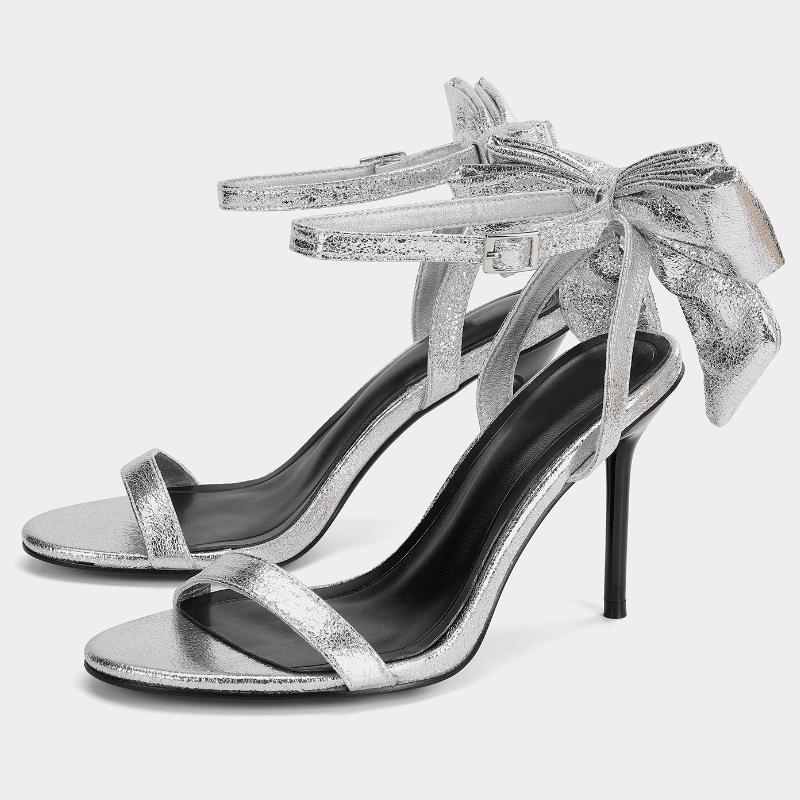 Fashion Elegant Bow Embellished Branded Heeled Sandals Women Silver Ankle Buckle Designer Shoes Luxury Wedding Bridal Shoe Zapatos Mujer