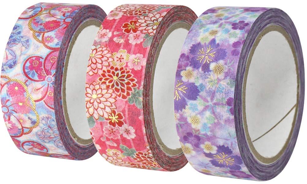 Kamiiso Sansho Washi Kimono Beauty Masking Set Cherry and Twisted Plum 15mm Wide X 7m Japanese-made Tape, 3-roll (Nadeshiko, Chrysanthemum, Blossom,