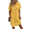 Summer Women Dress Turn-down Collar Single-breasted Loose Short Sleeves Loose Solid Color Patch Pocket Knee Length Commute Leisure Midi Dress