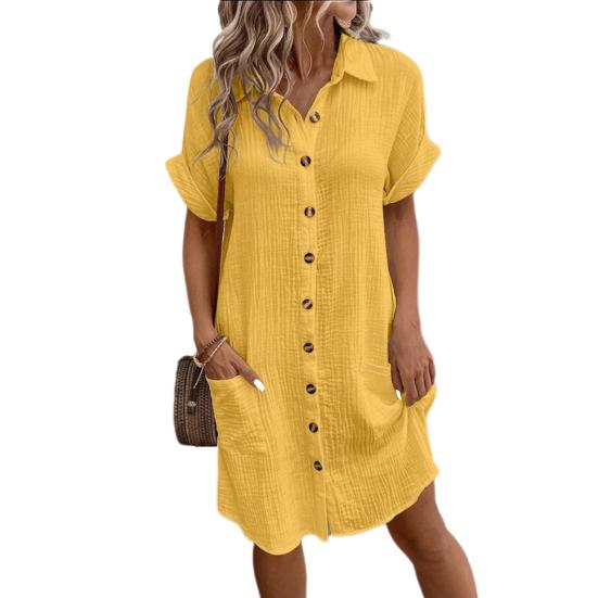Summer Women Dress Turn-down Collar Single-breasted Loose Short Sleeves Loose Solid Color Patch Pocket Knee Length Commute Leisure Midi Dress