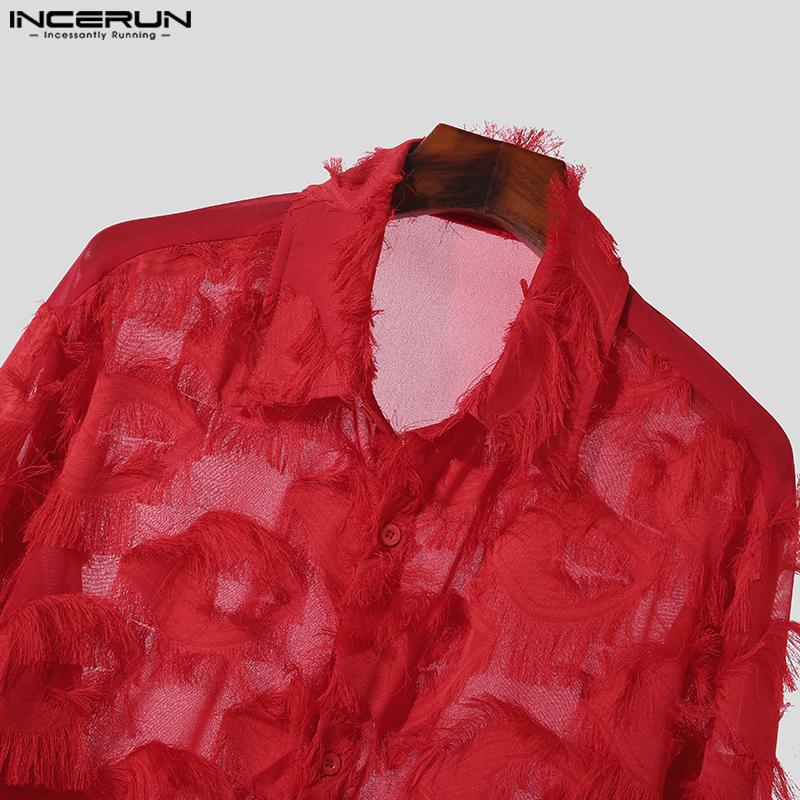 INCERUN Men Long Sleeve Button Up See Through Tassels Shirts Party Tops