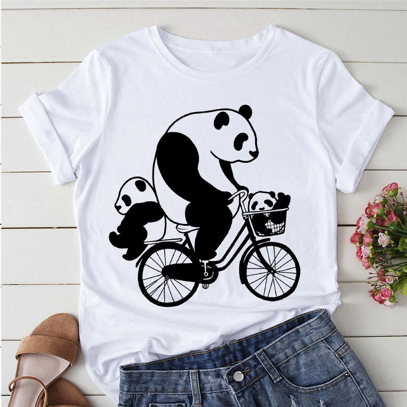 Aesthetics Cute Panda Print Women Basic Tees Cartoon Top O-Neck Simple Tee Short Sleeve T-Shirt Ladies Tees Graphic White Tshirt