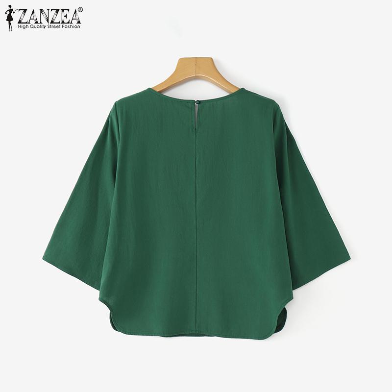 ZANZEA Women Casual Round Neck Loose 3/4 Sleeve Cotton Blouse